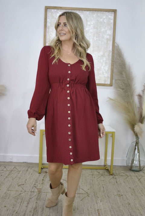 Balloon Sleeve Button Down Dress - Available in Dark Orange, Olive Green, Khaki, Burgundy, Teal or Blue