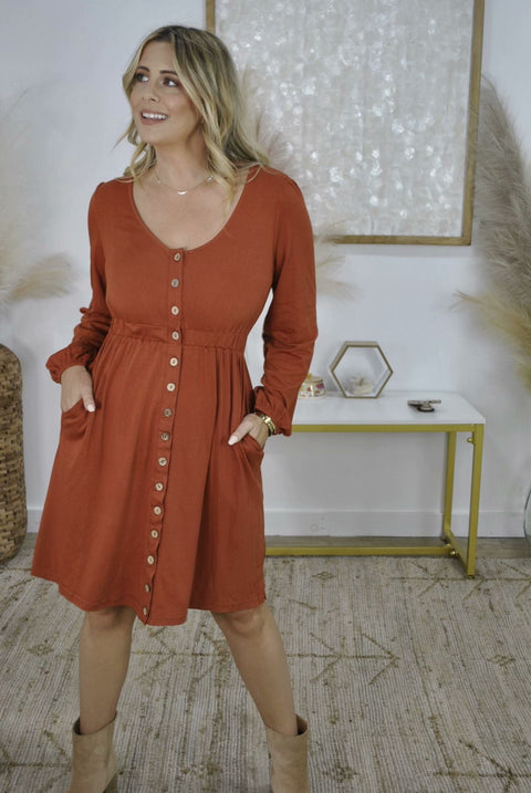 Balloon Sleeve Button Down Dress - Available in Dark Orange, Olive Green, Khaki, Burgundy, Teal or Blue