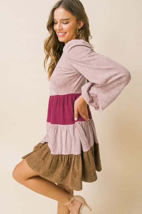 Colourblock Faux Suede Tiered Dress