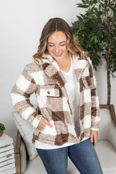 Michelle Mae Brand: Tan Plaid Fuzzy Shacket