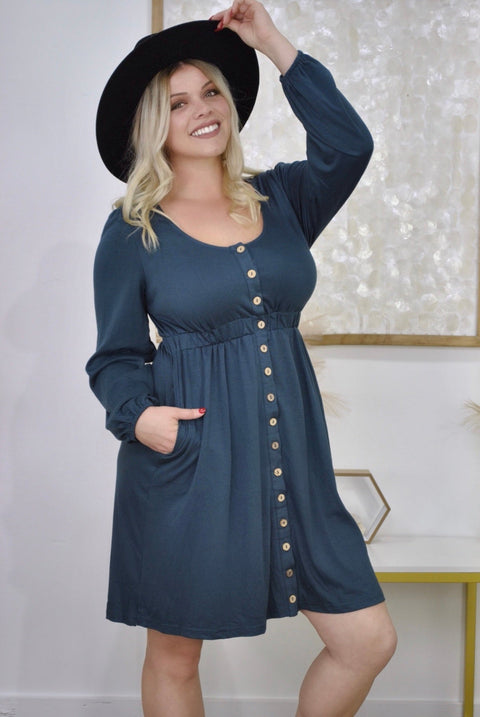 Balloon Sleeve Button Down Dress - Available in Dark Orange, Olive Green, Khaki, Burgundy, Teal or Blue