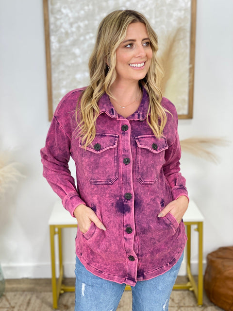 Mineral Washed Shacket in Magenta