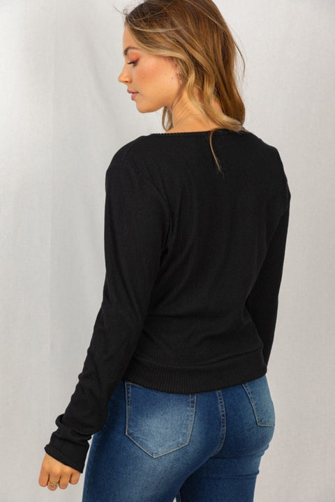 Surplice Knit Top: Available in Black and Cognac